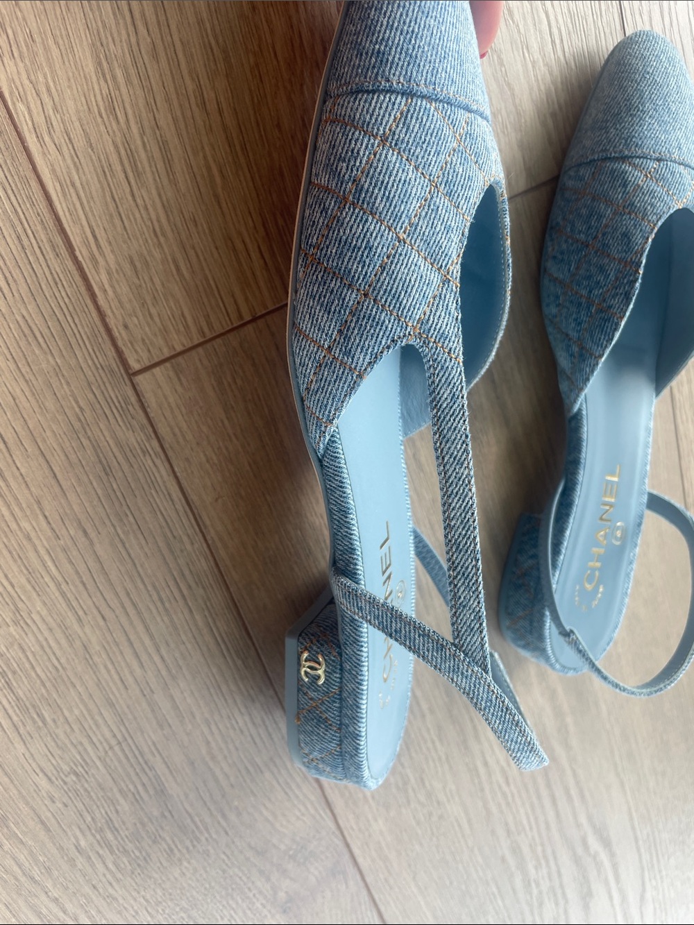CHANEL Denim Quilted Slingback Flats in Light Blue - Picture 3 of 8